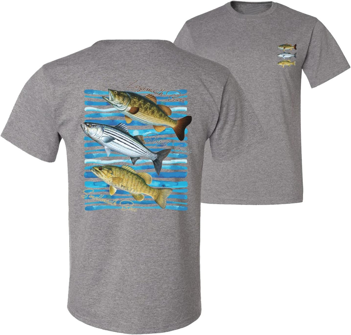 Largemouth Striped Smallmouth Big Bass Fish Fishing Front and Back Men's T-Shirt - Heather Grey