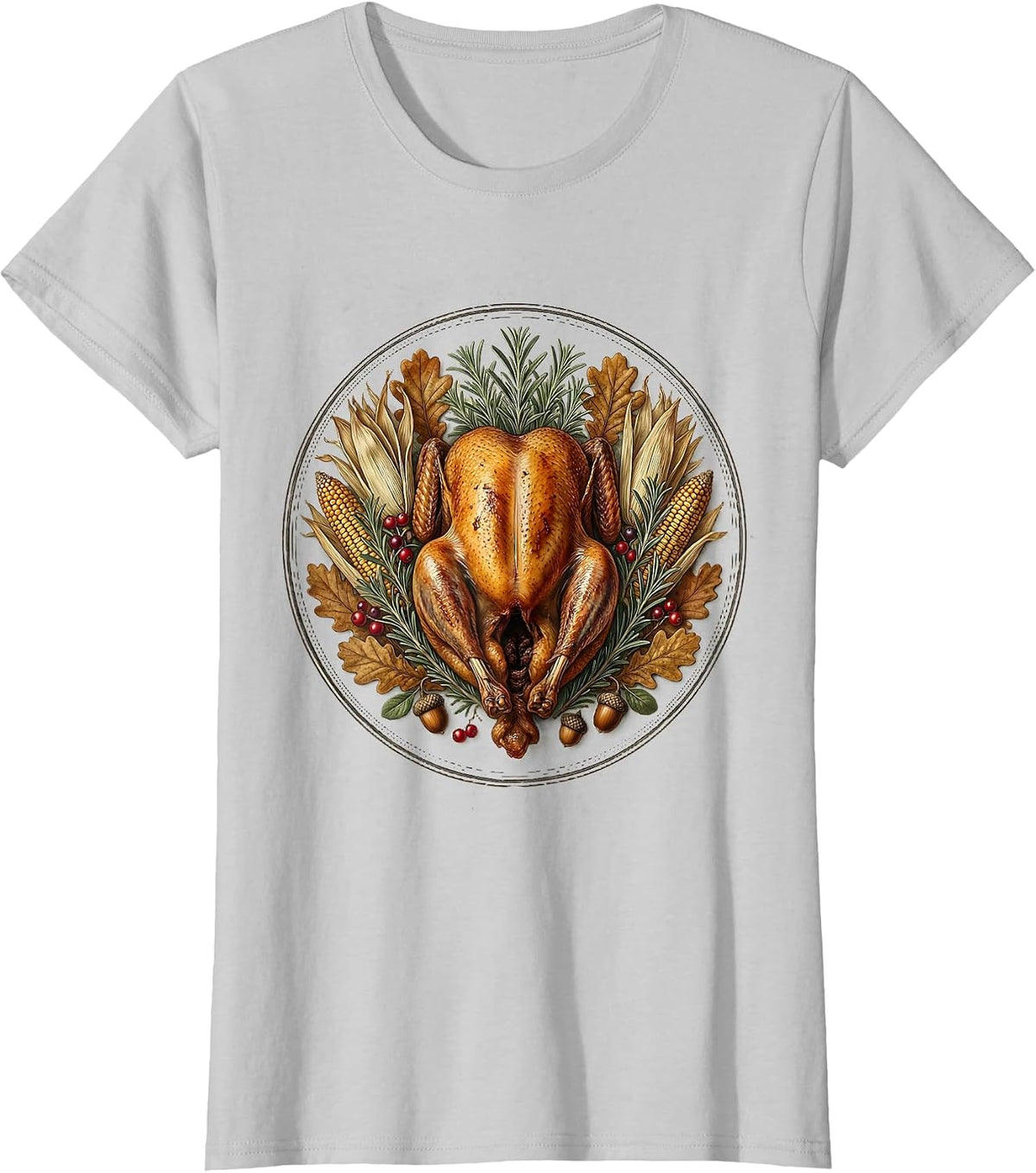 Women's Rustic Roasted Turkey Thanksgiving Illustration T-Shirt - Silver Grey
