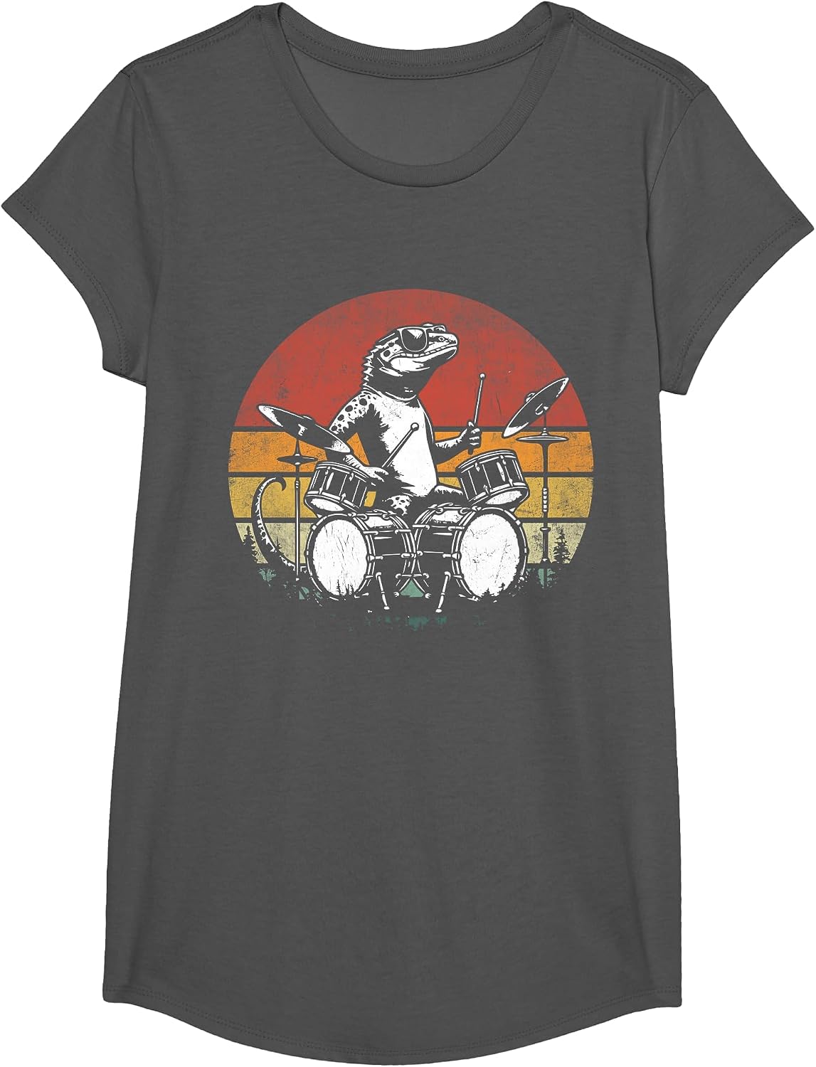 Funny Retro Lizard Drummer Rock Drummer Lizard Playing Drums T-Shirt - Girls Asphalt Grey