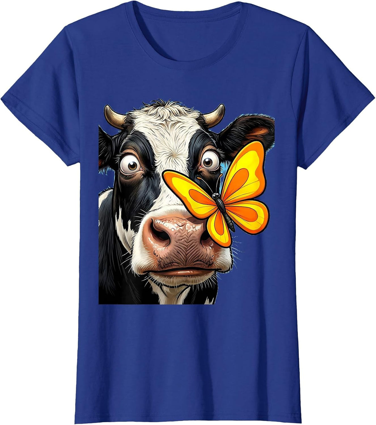 Women's Cow With Butterfly on Nose Cute Farm Animal Art T-Shirt - Royal Blue