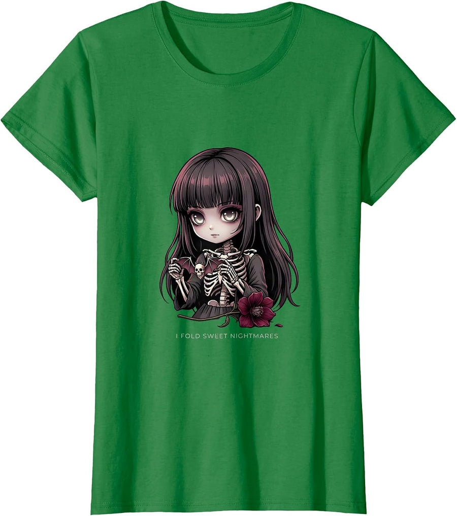 Women's I Fold Sweet Nightmares Creepy Kawaii Goth Anime Horror T-Shirt - Kelly Green