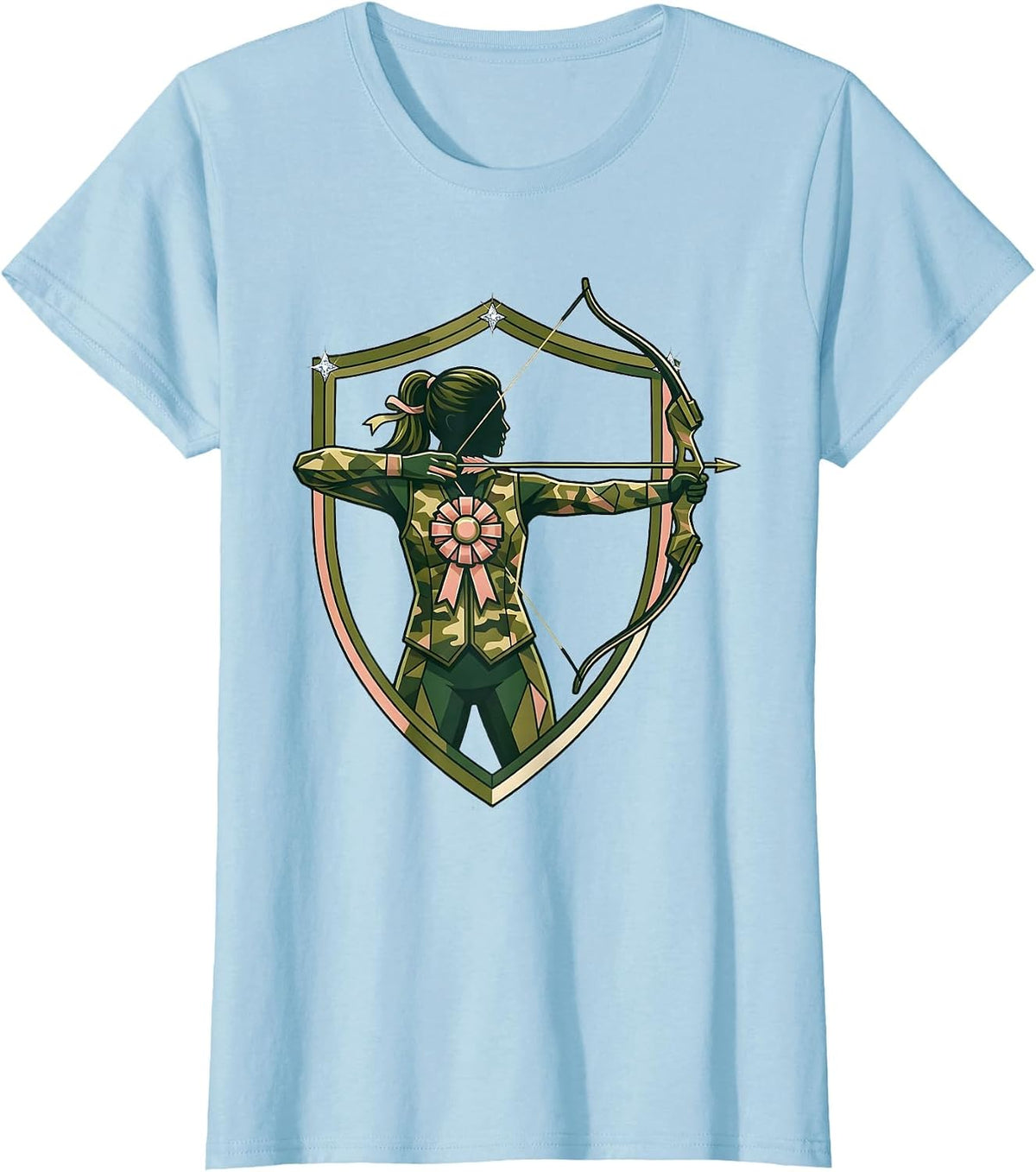 Women's Camo Archer Drawing Back Bow Illustration T-Shirt - Baby Blue