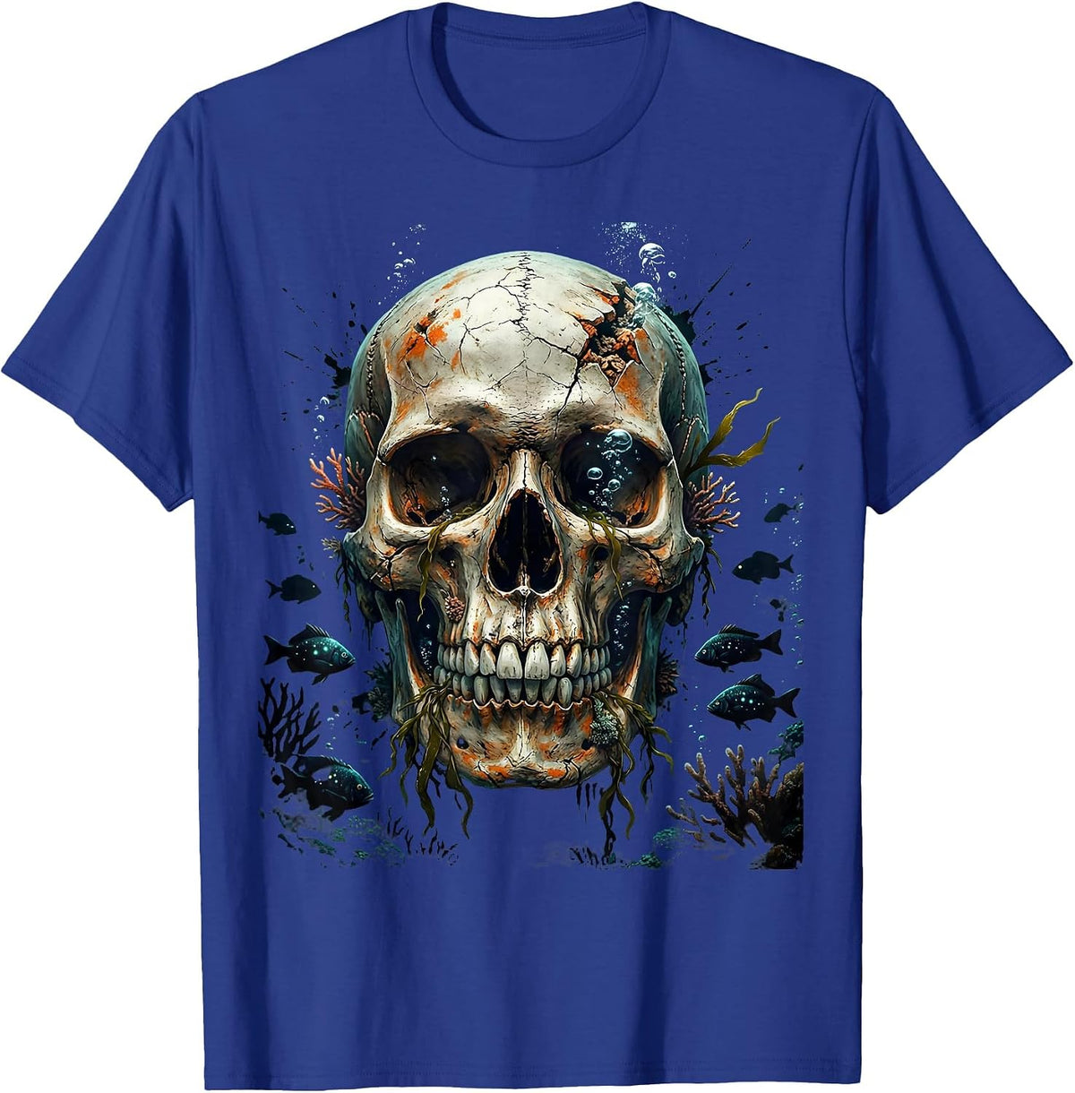 Deep Ocean Skull Glowing Fish Illustration T-Shirt - Royal Blue