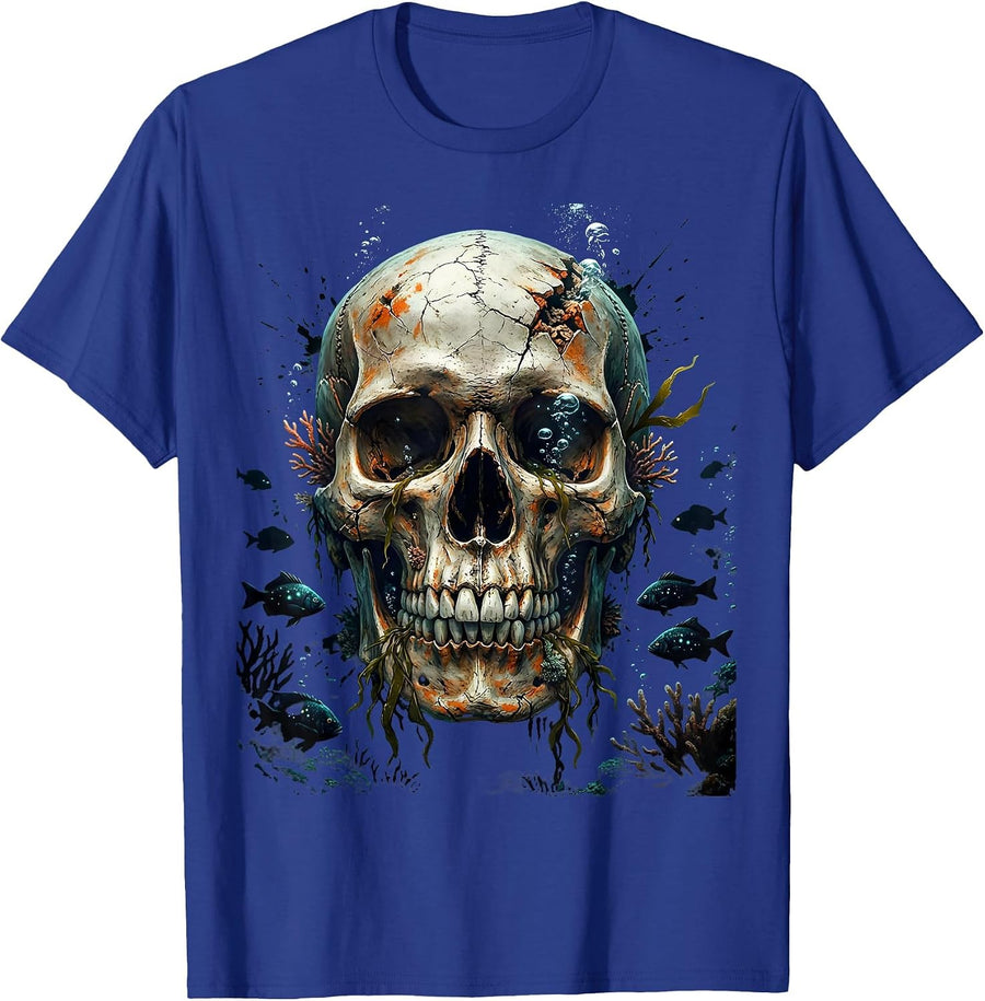 Deep Ocean Skull Glowing Fish Illustration T-Shirt - Royal Blue