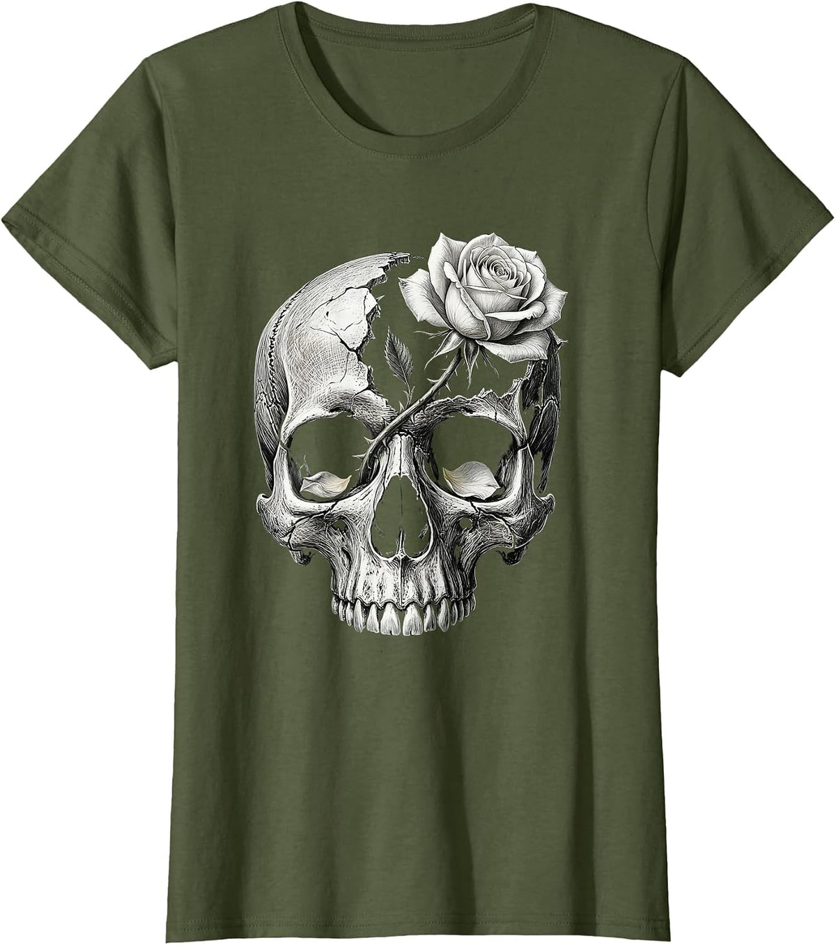 Women's Skull Rose Gothic Alt Aesthetic Teen Grunge T-Shirt - Olive Green