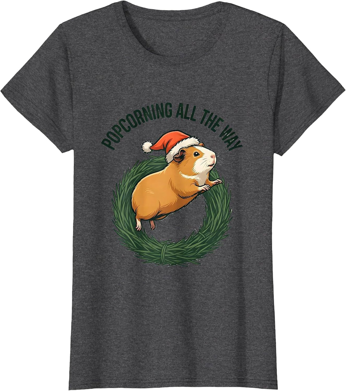 Women's Popcorning All The Way Funny Guinea Pig Christmas Santa Hat T-Shirt - Dark Heather Grey