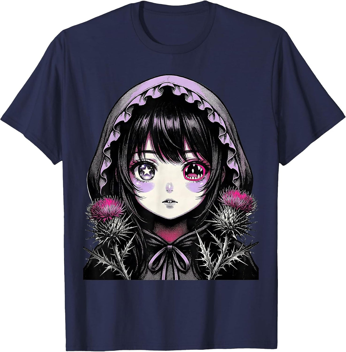 Men's Anime Girl Horror Kawaii Goth Aesthetic T-Shirt - Navy Blue