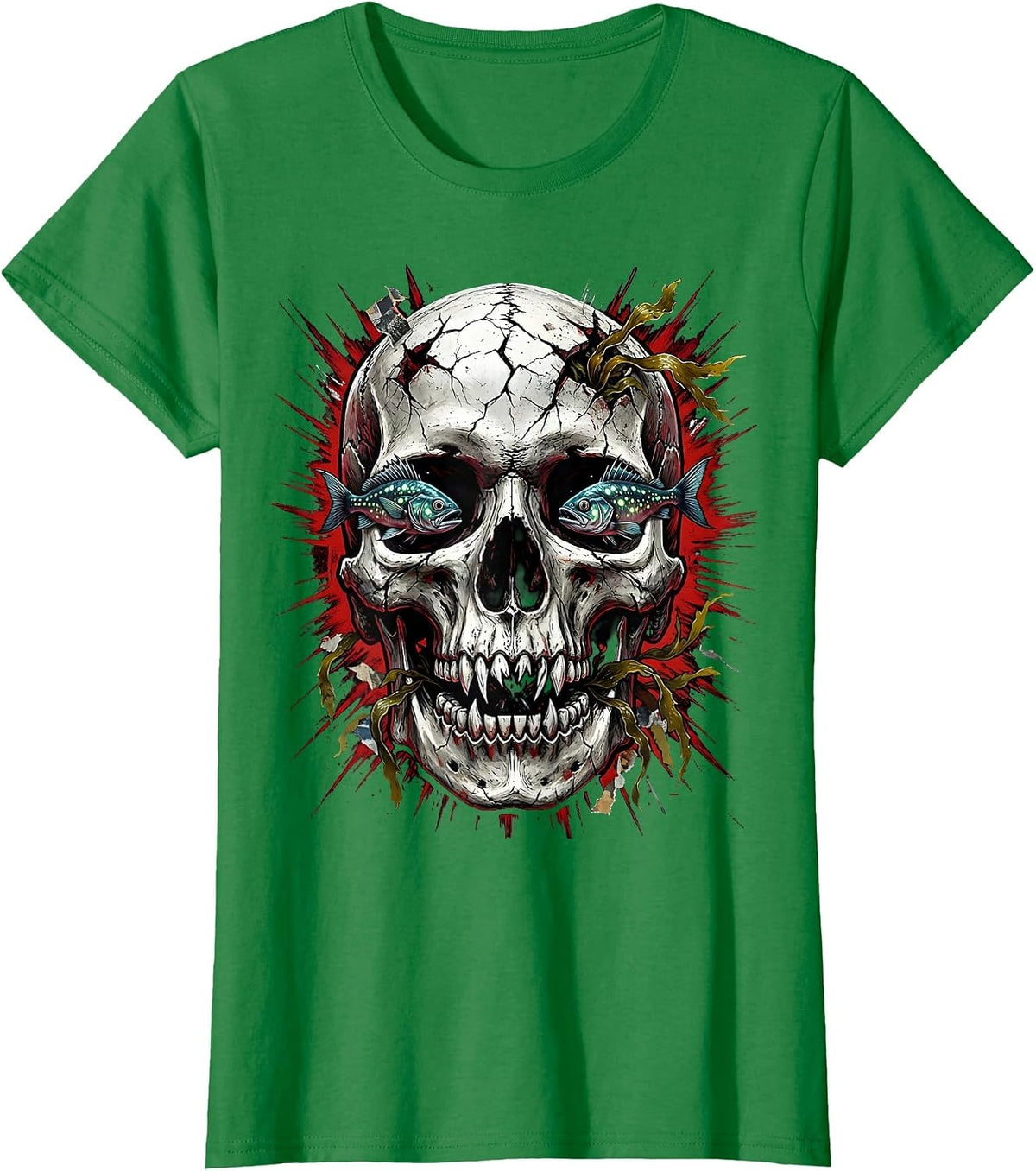 Women's Deep Ocean Skull Halloween Graphic Tee T-Shirt - Kelly Green