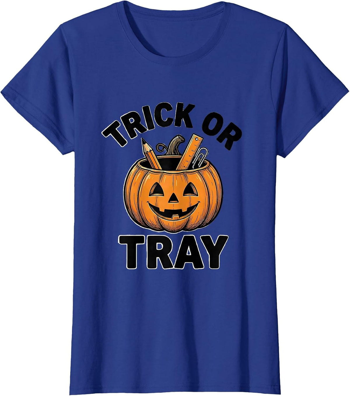 Women's Trick or Tray Line Art Teacher Halloween Back to School T-Shirt - Royal Blue