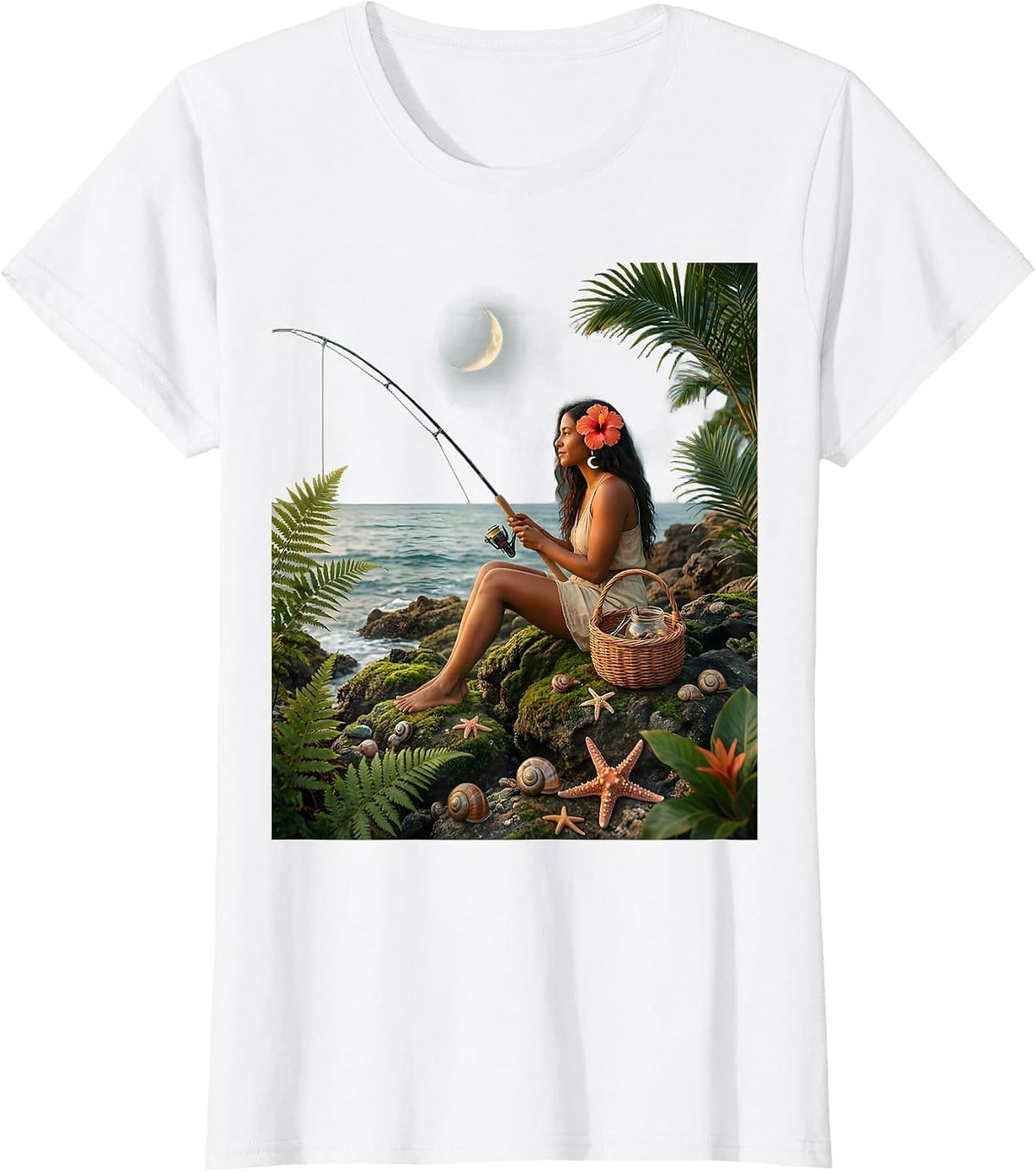 Women's Puerto Rico Coastal Cliff Fishing Illustration T-Shirt - White