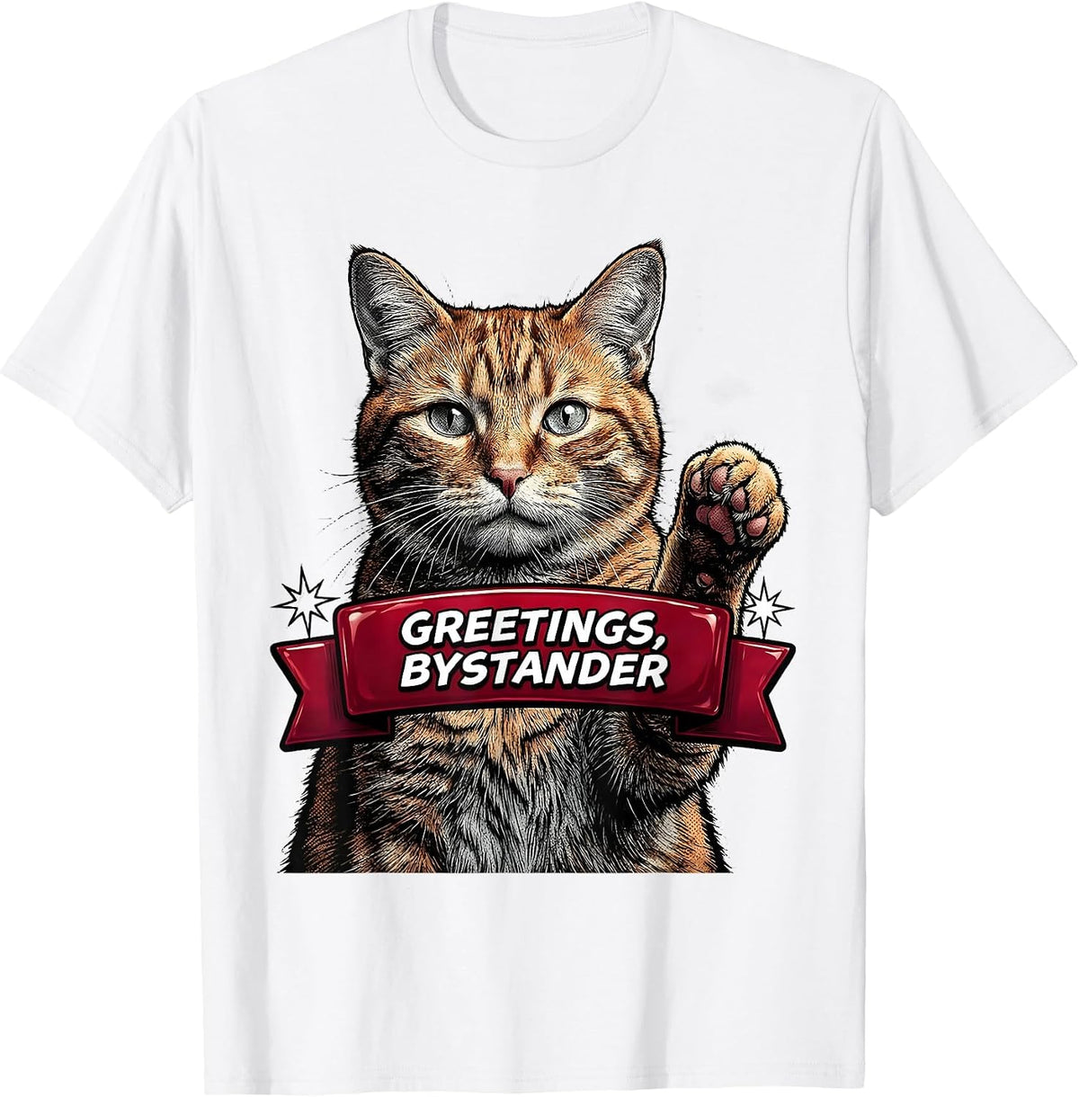 Men's Greetings Bystander Funny Cat Meme Bootleg Graphic T-Shirt - White