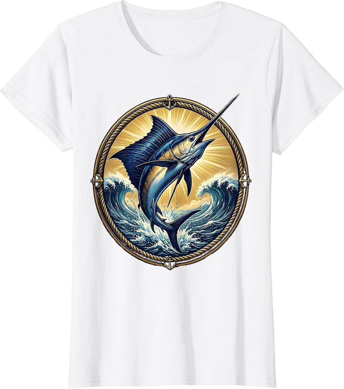 Marlin Leaping Ocean Hawaiian Graphic Design T-Shirt - White