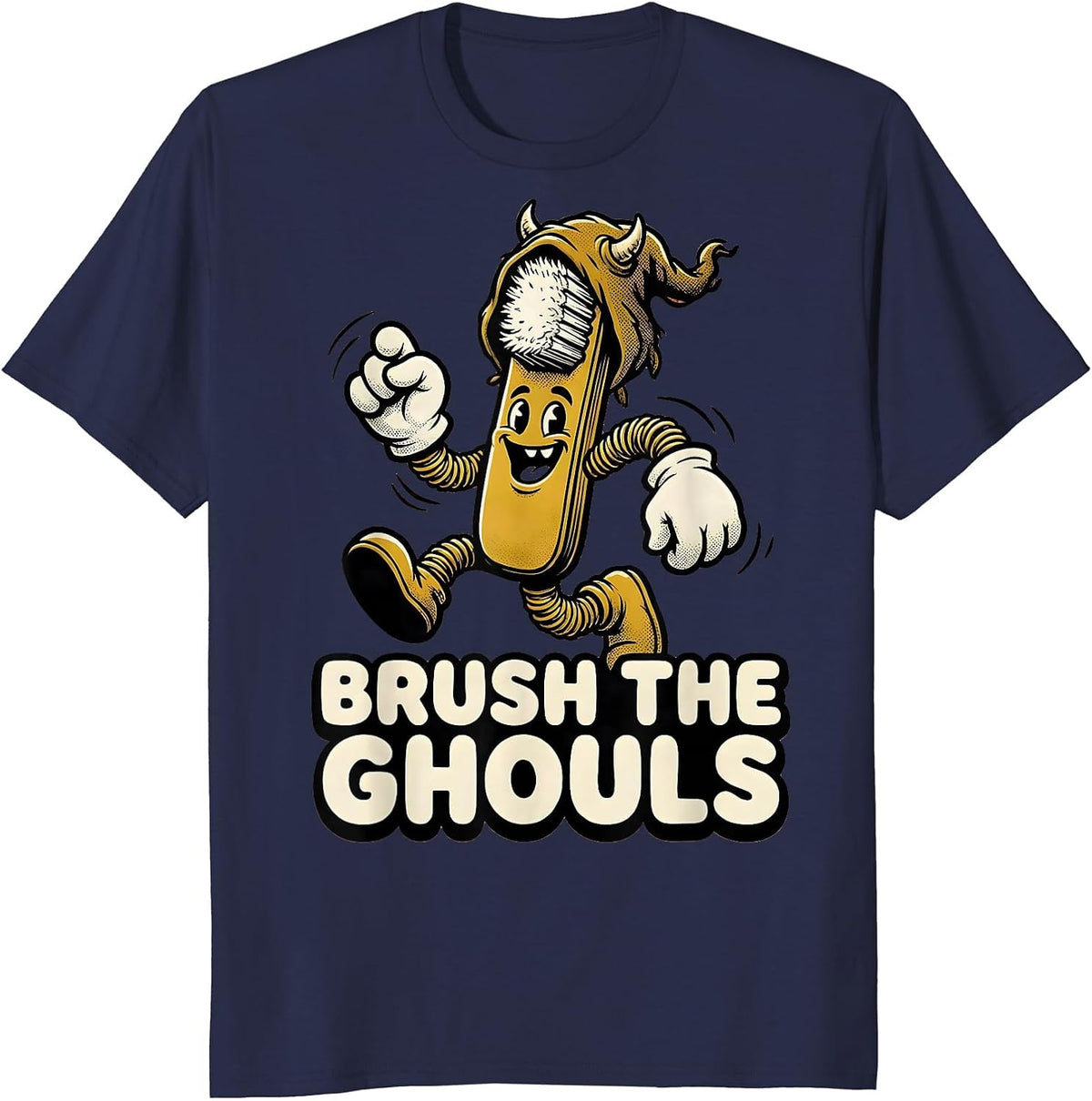 Men's Brush the Ghouls Retro Cartoon Halloween Dentist Dental T-Shirt - Navy Blue