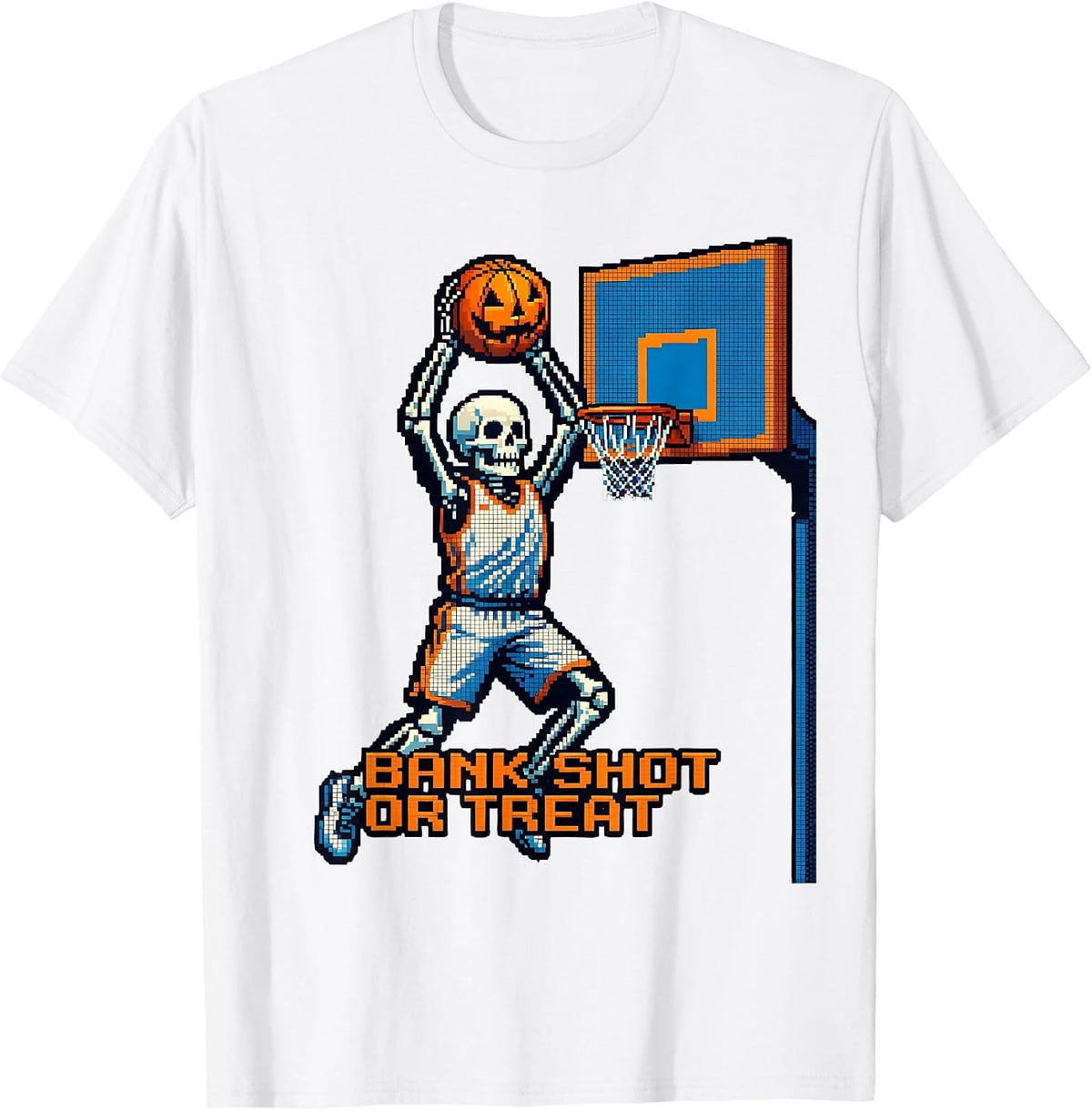 Men's Bank Shot or Treat Pixel Art Halloween Skeleton Basketball T-Shirt - White