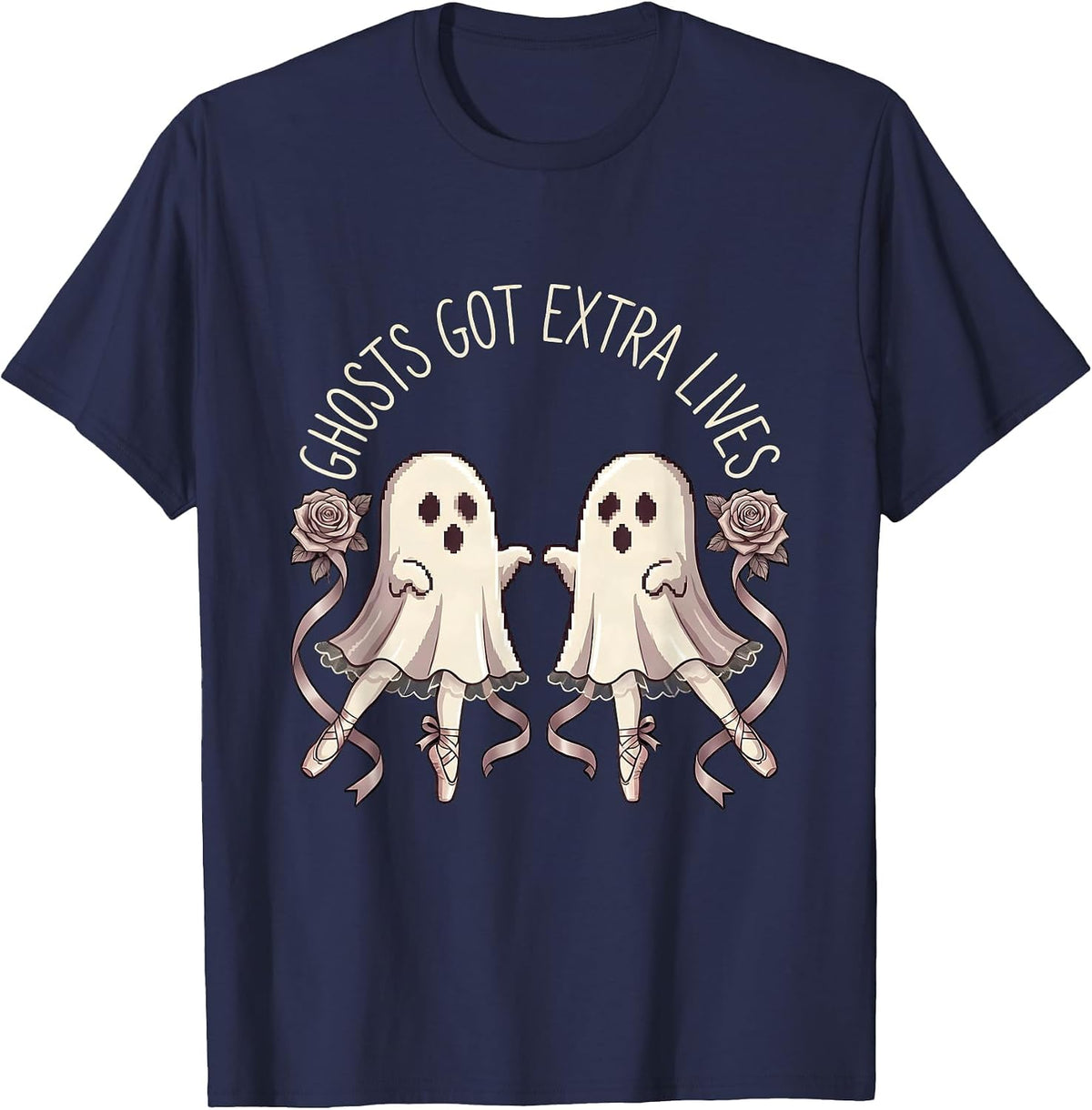 Halloween Ghost Pixel Art Retro Game Design T-Shirt - Navy Blue