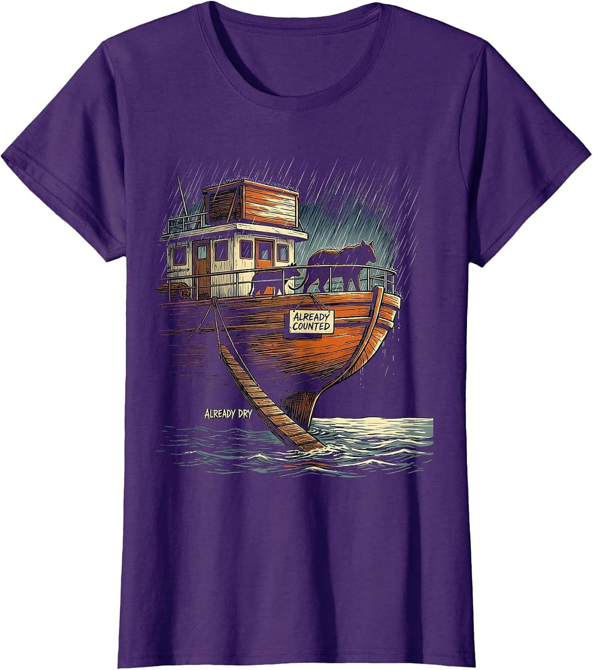 Women's Already Counted Already Dry Funny Christian Noahs Ark Humor T-Shirt - Purple