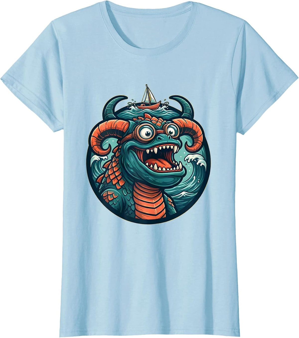 Women's Hawaiian Sea Monster Rising Beneath Small Boat T-Shirt - Baby Blue