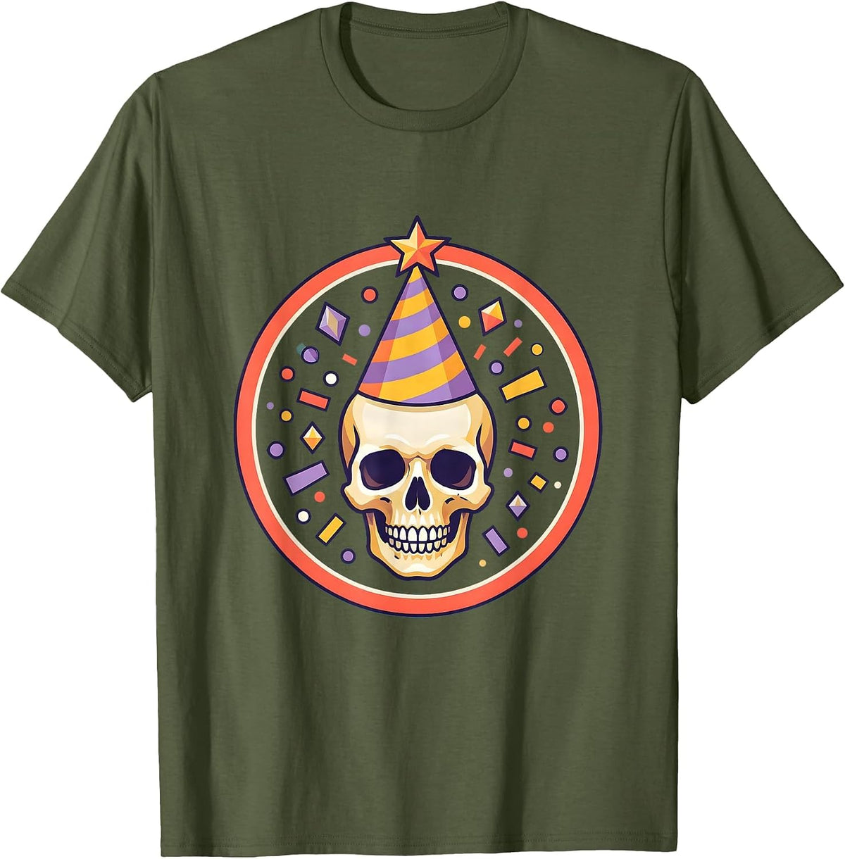 Men's Birthday Squad Skull Party Hat Confetti Design T-Shirt - Olive Green