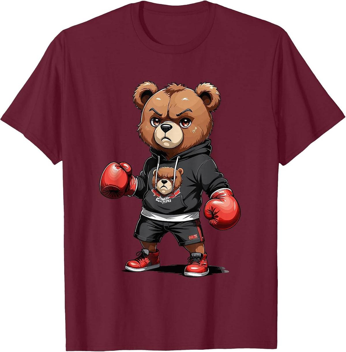Teddy Bear Gangster Boxer with Hip Hop Street Clothes T-Shirt - Burgundy