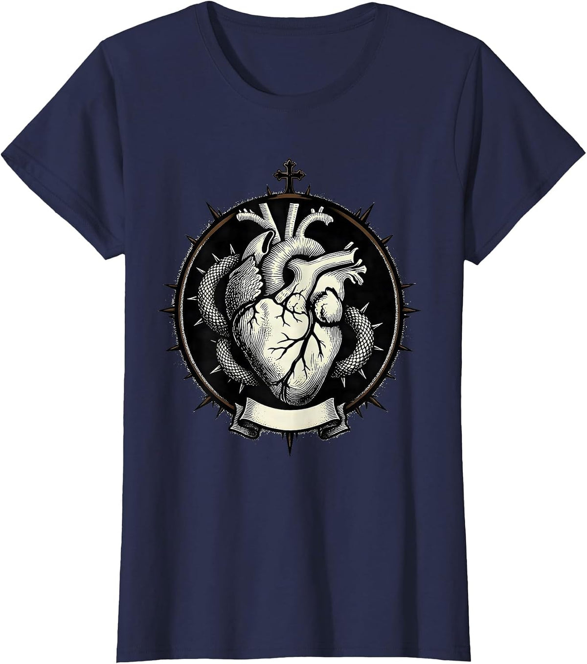 Women's Heart Serpent Shield Alt Goth Y2K Grunge Streetwear T-Shirt - Navy Blue