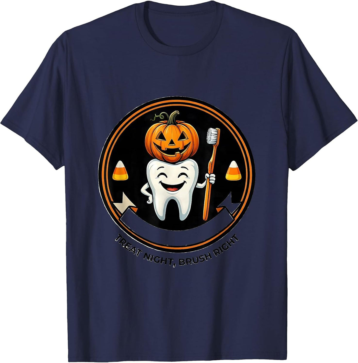 Men's Treat Night Brush Right Playful Dental Humor Halloween T-Shirt - Navy Blue