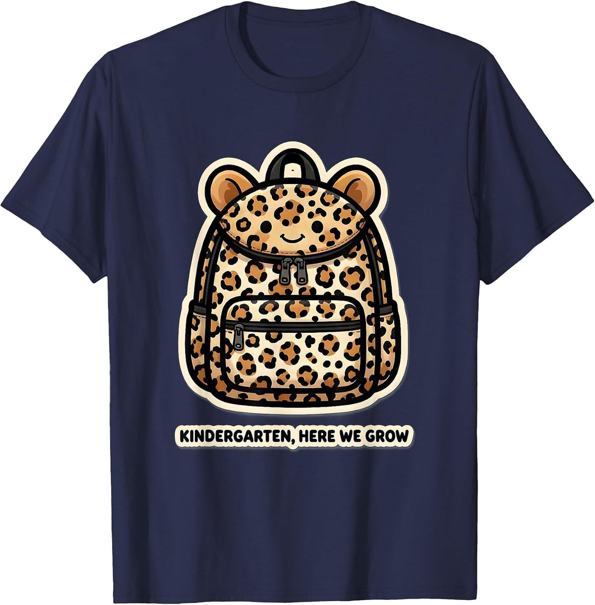 Kindergarten, Here We Grow Cute Leopard Print Teacher Back T-Shirt - Navy Blue