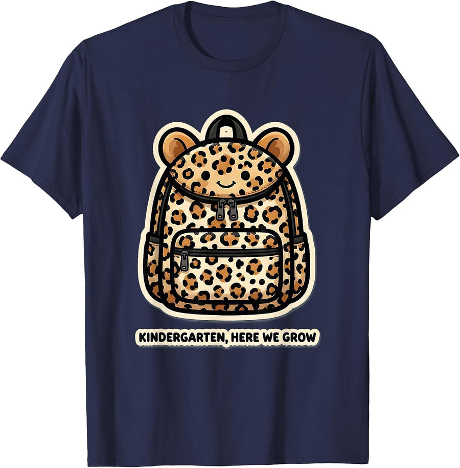 Kindergarten, Here We Grow Cute Leopard Print Teacher Back T-Shirt - Navy Blue