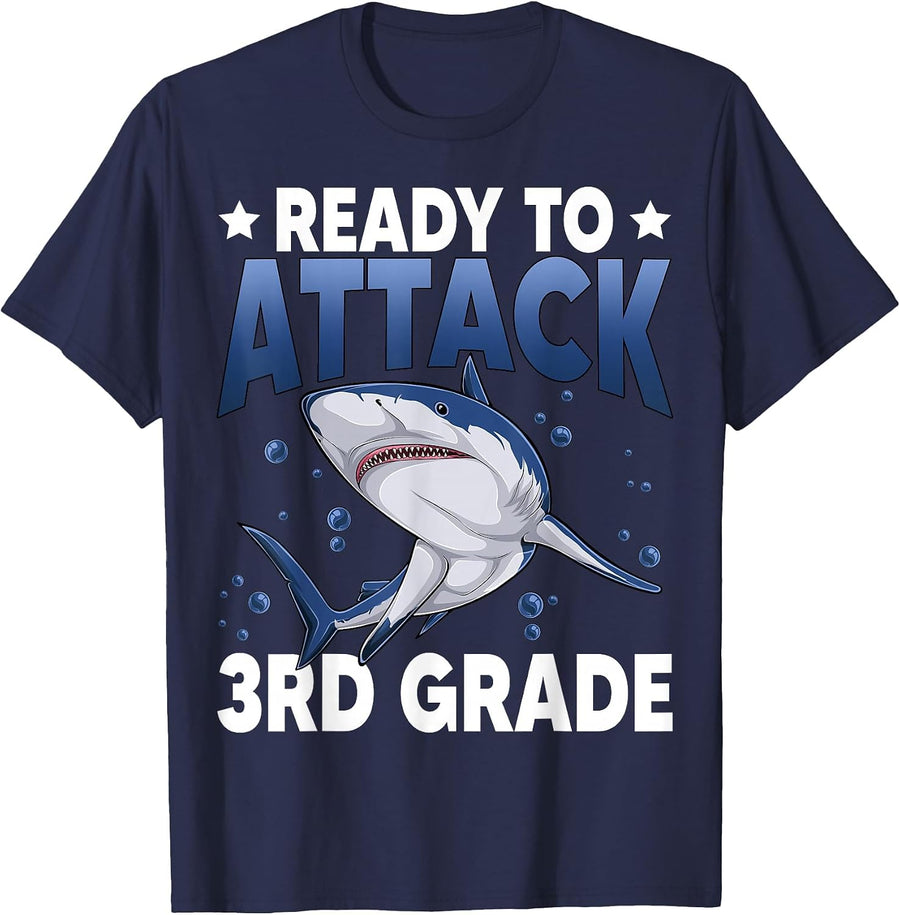 Ready to Attack 3rd Grade Shark Third Grade Teacher T-Shirt Tee for Students - Navy Blue