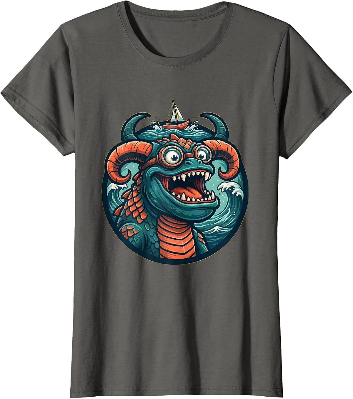 Women's Hawaiian Sea Monster Rising Beneath Small Boat T-Shirt - Asphalt Grey