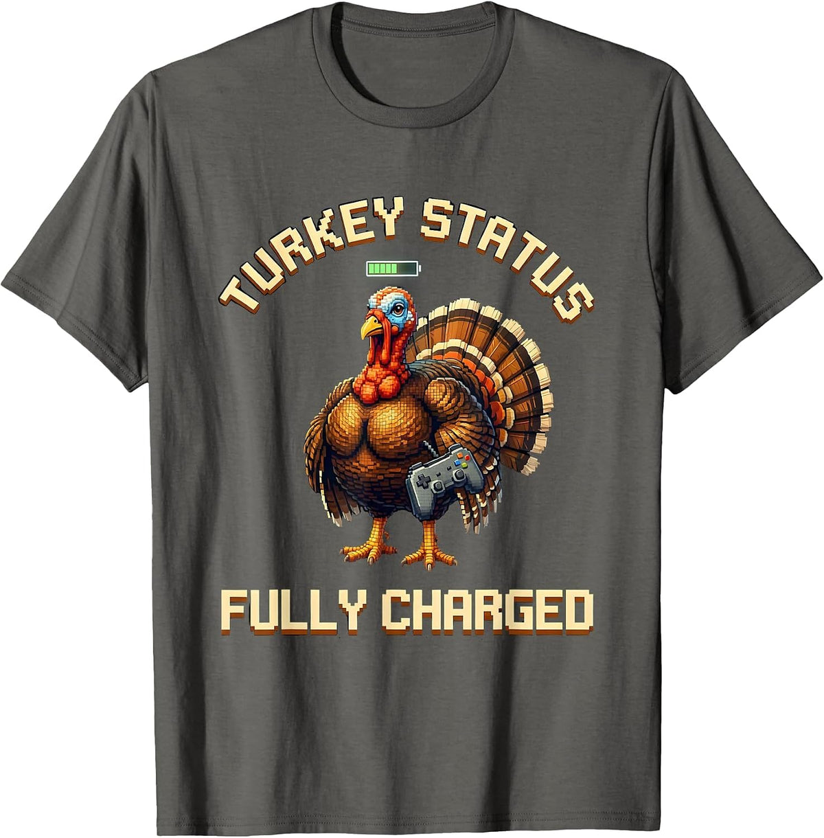 Men's Turkey Status Fully Charged Pixel Art Funny Thanksgiving T-Shirt - Asphalt Grey