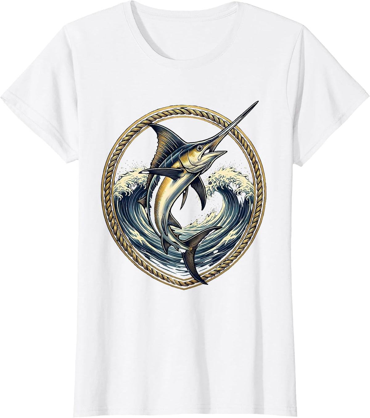 Swordfish Splitting Ocean Wave Graphic T-Shirt - White