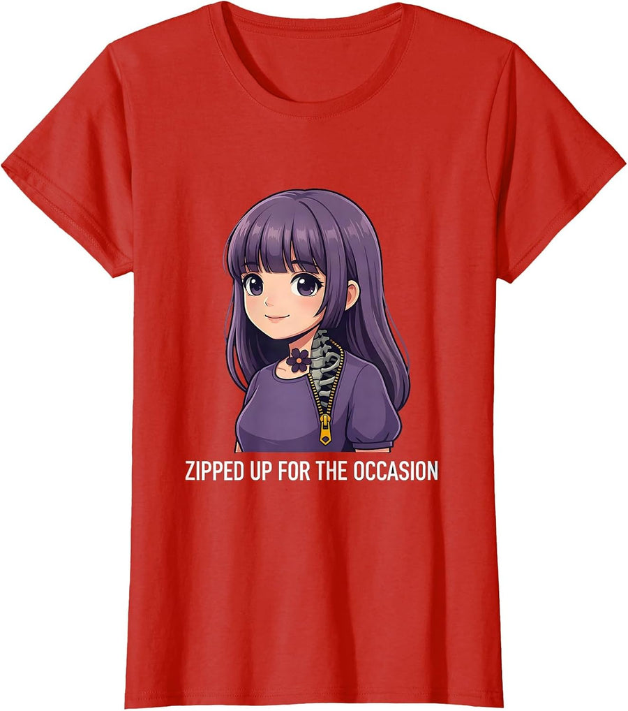 Women's Zipped Up For The Occasion Creepy Kawaii Goth Anime Horror T-Shirt - Red