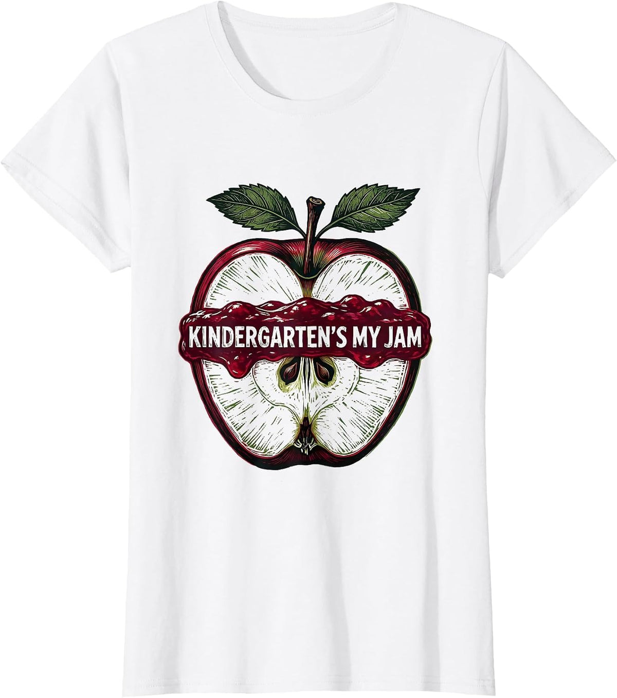 Kindergarten's My Jam Linocut Strawberry Teacher Back T-Shirt - White
