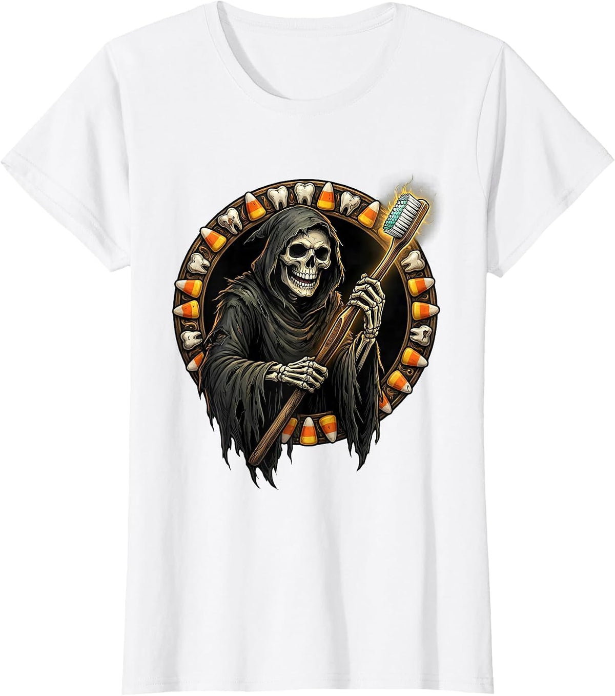 Women's Dental Halloween Grim Reaper Giant Toothbrush T-Shirt - White