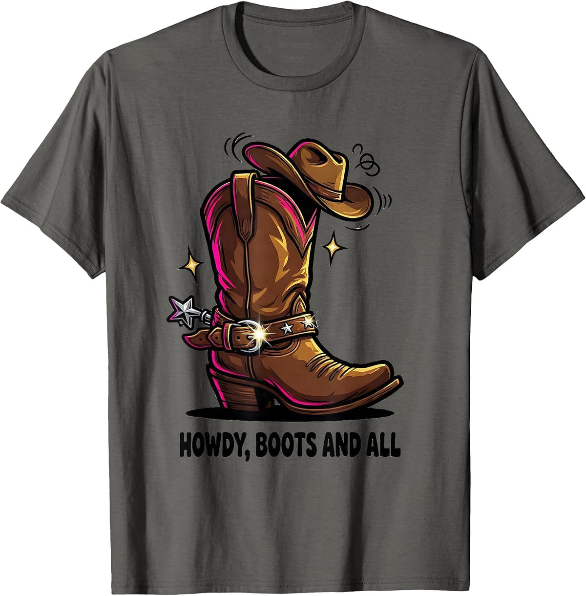Howdy, Boots and All Cartoon Cowgirl Boot Western Pride T-Shirt - Asphalt Grey