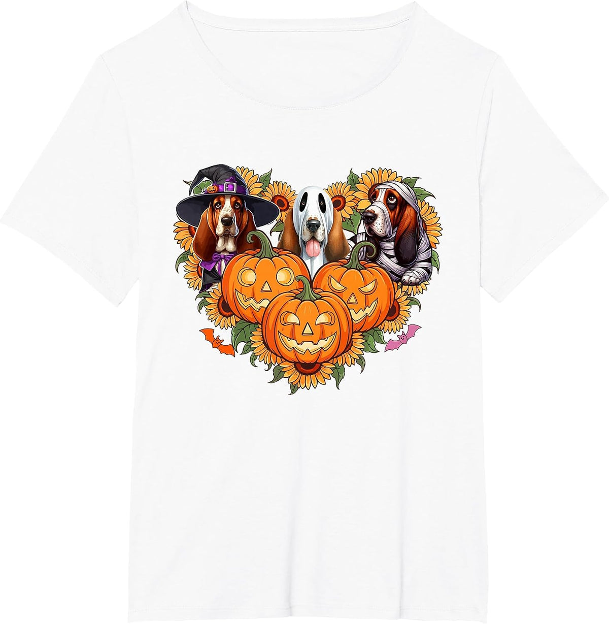 Three Halloween Basset Hounds Cosplay Witch Boo Mummy T-Shirt - White
