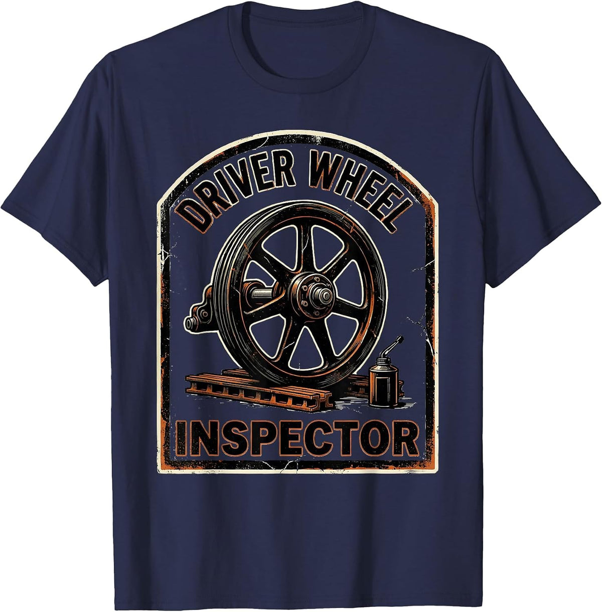 Driver Wheel Inspector Distressed Steam Train Enthusiast T-Shirt - Navy Blue