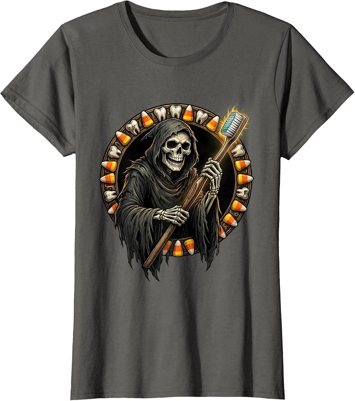 Women's Dental Halloween Grim Reaper Giant Toothbrush T-Shirt - Asphalt Grey