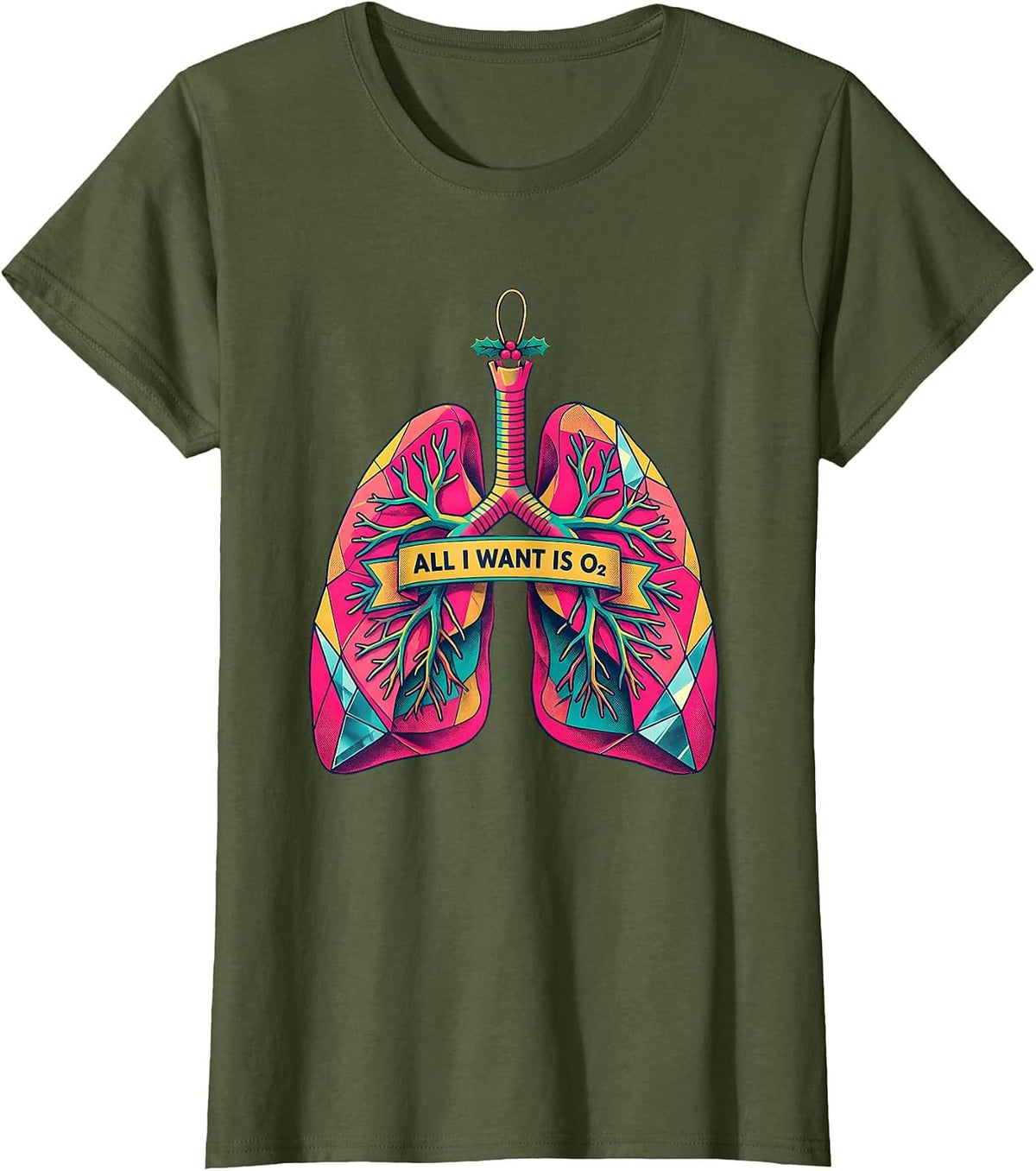 Women's All I Want Is O2 Risograph Respiratory Therapist Christmas T-Shirt - Olive Green