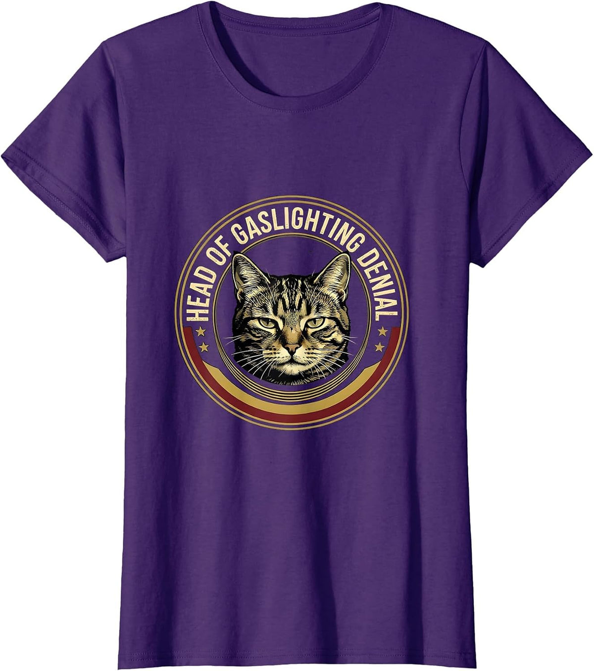 Women's HEAD OF GASLIGHTING DENIAL Funny Cat Meme Ironic Humor T-Shirt - Purple