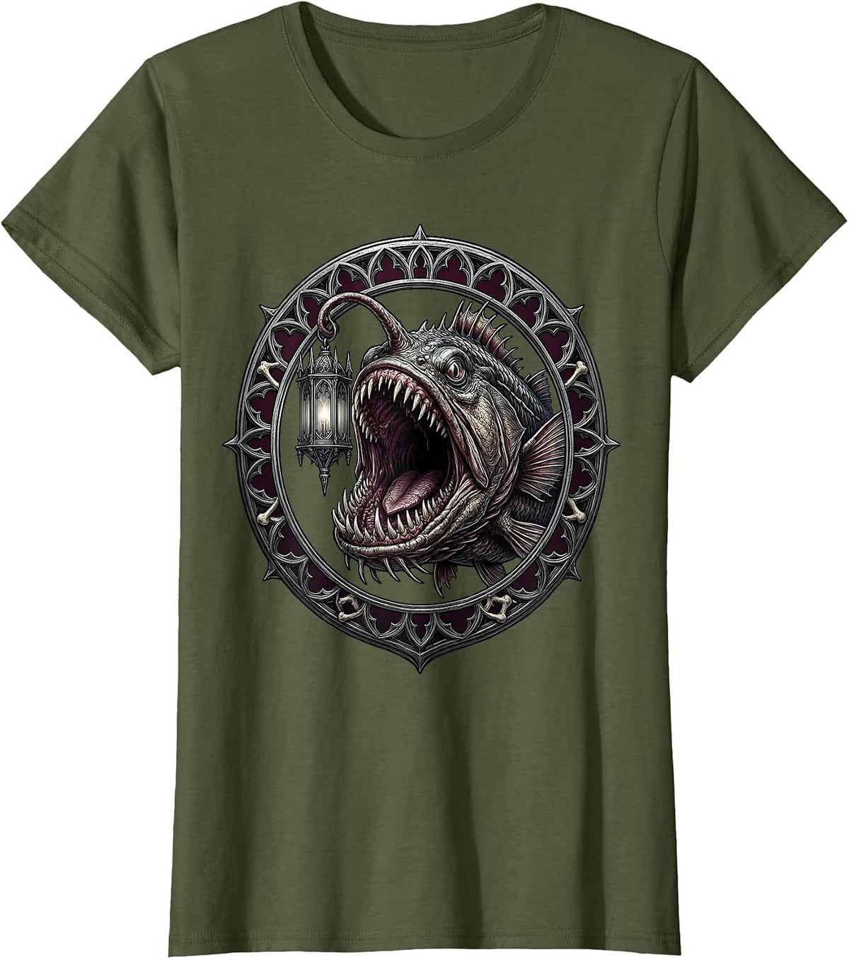 Women's Deep Sea Anglerfish Pirate Darkness Lantern Design T-Shirt - Olive Green