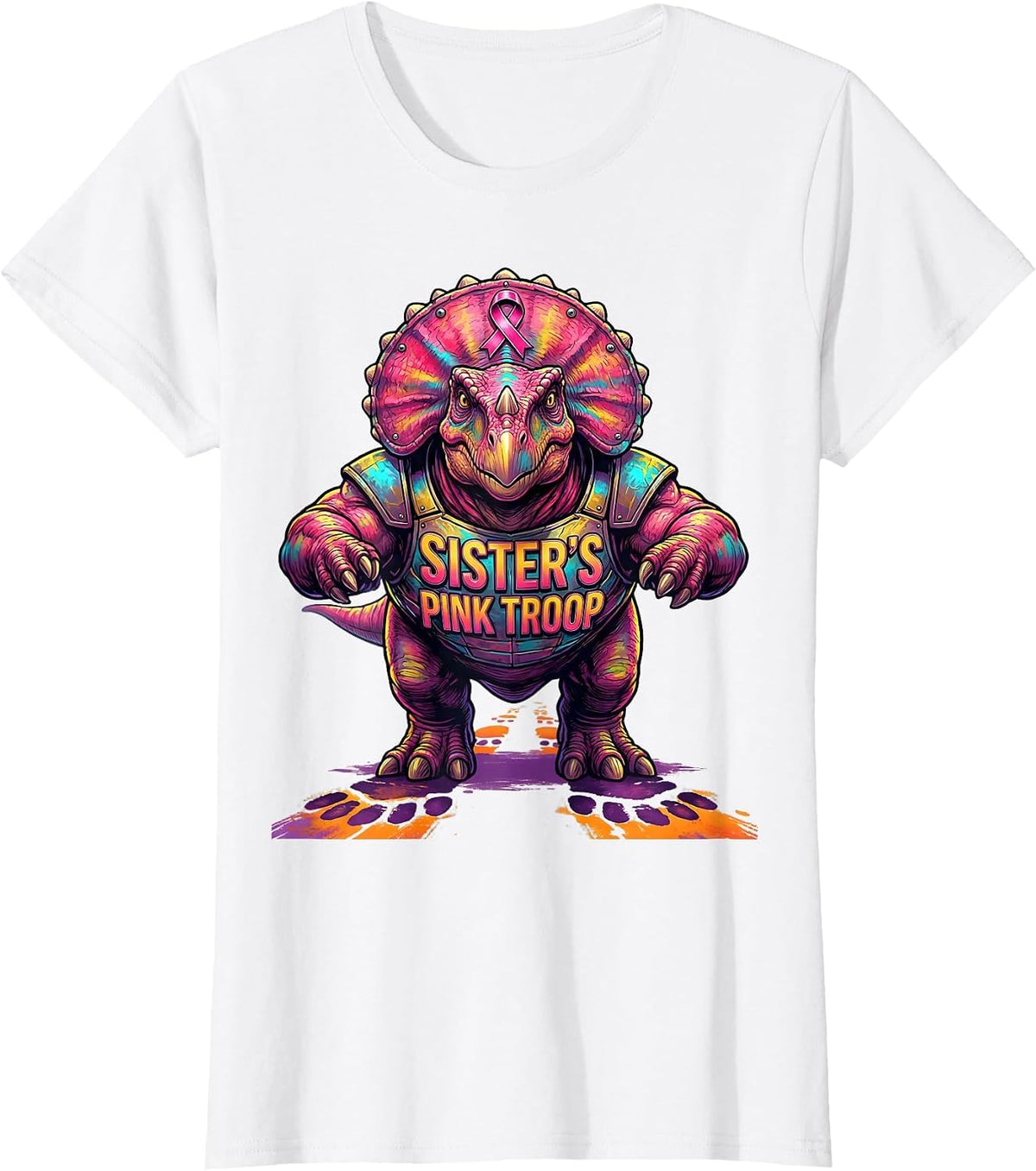 Women's Sister's Pink Troop Colorful Dinosaur Breast Cancer T-Shirt - White