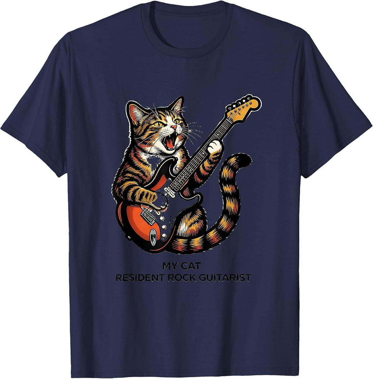 My Cat, Resident Rock Guitarist Funny Cat Rock Music Fan T-Shirt - Navy Blue