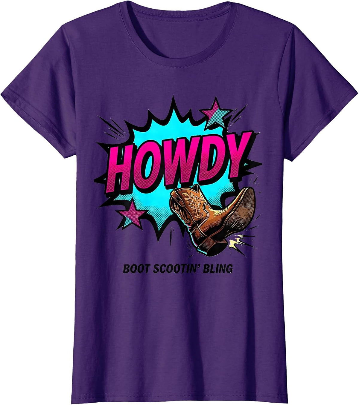 Women's Howdy Boot Scootin Bling Pop Art Cowgirl Western Lifestyle T-Shirt - Purple
