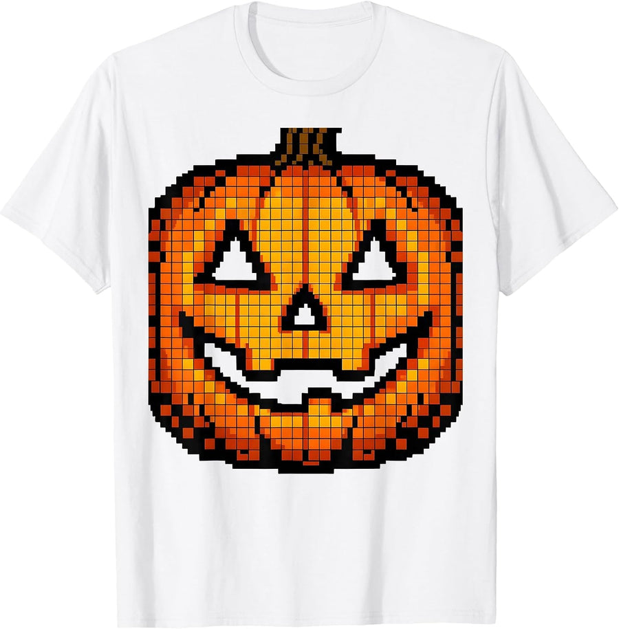 Men's Oversized Jack-O-Lantern Mask Pixel Art Halloween Costume T-Shirt - White