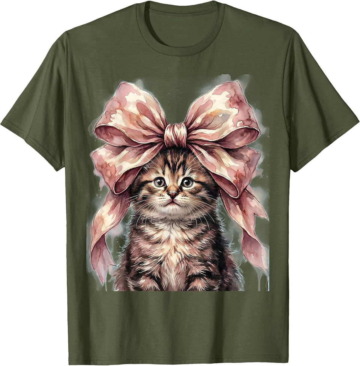 Men's Mimi Cat with Oversized Bow Crown Graphic T-Shirt - Olive Green