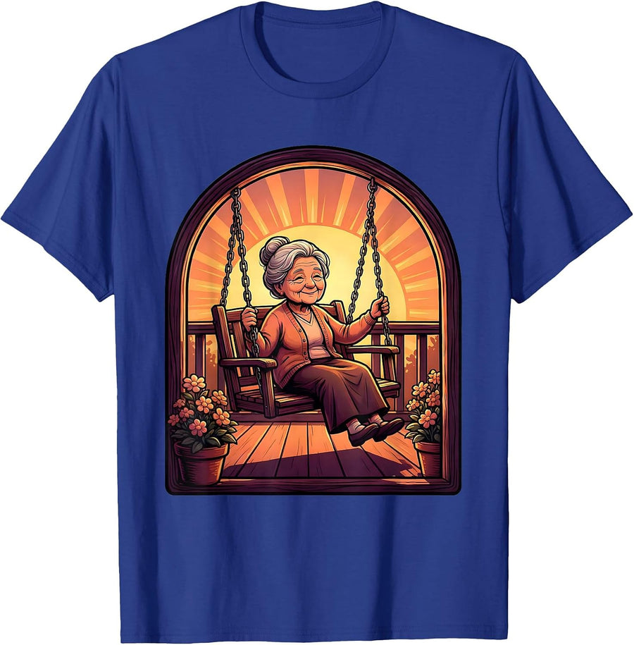Mimi Grandmother Porch Swing Sunset Illustration T-Shirt - Royal Blue