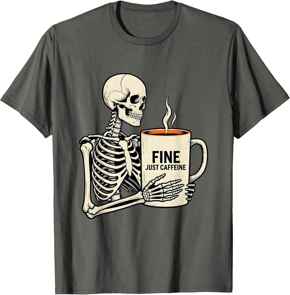 Fine, Just Caffeine Whimsical Dry Humor Halloween Skeleton T-Shirt - Asphalt Grey