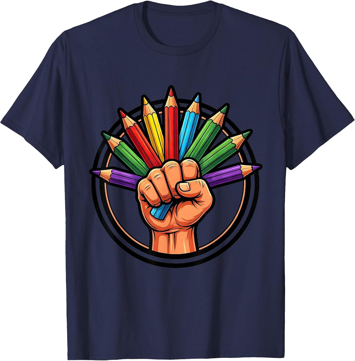 Men's Art Teacher Colored Pencils Graphic Design T-Shirt - Navy Blue