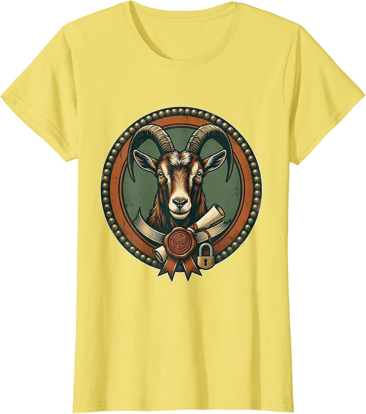 Women's Sealed Goat Badge Vintage Farm Animal Lover T-Shirt - Lemon Yellow